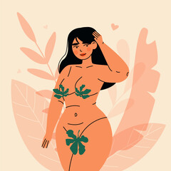 Chubby happy woman. Cartoon curvy female character, confident plump female person, body positive self love concept. Vector illustration