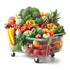 A shopping cart on wheels full of fruits and vegetables isolated on white.