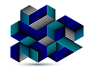 Abstract vector wallpaper with 3D isometric cubes blocks, geometric construction with blocks shapes and forms, op art low poly theme.