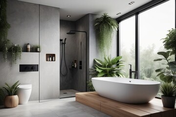 Stylish bathroom interior with countertop, shower stall and houseplants - obrazy, fototapety, plakaty