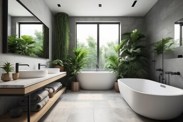 Fototapeta na wymiar Stylish bathroom interior with countertop, shower stall and houseplants