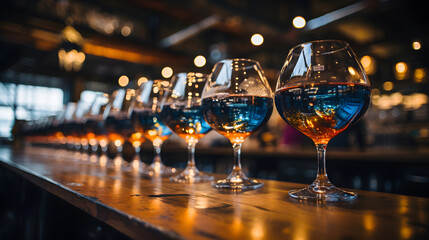 Filled wine glasses on a wooden bar with a blurred restaurant background - obrazy, fototapety, plakaty