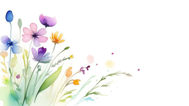 delicate spring field watercolor flowers on a white background, copy space