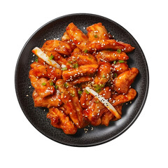 Dakgalbi is served on a plate with a transparent background