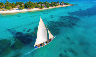 Board a traditional wooden dhow boat and discover the natural wonders of Zanzibar's Blue Safari, from coral reefs to deserted islands. - obrazy, fototapety, plakaty