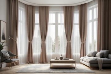 Windows with stylish curtains in living room interior