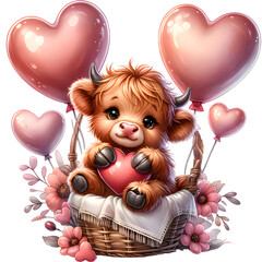 Highland Cow Flowers Heart Balloons. Valentines Day Clipart