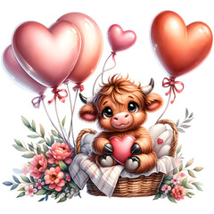 Cow Flowers Heart Balloons. Valentines Day Clipart