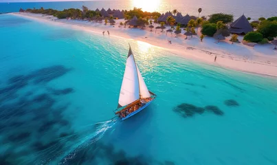 Türaufkleber Board a traditional wooden dhow boat and discover the natural wonders of Zanzibar's Blue Safari, from coral reefs to deserted islands. © STORYTELLER AI