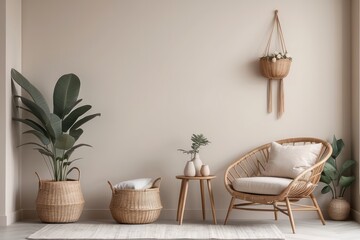 Stylish minimalistic interior of living room with design rattan armchair, palm leaf in basket, plaid, beige macrame on the wall