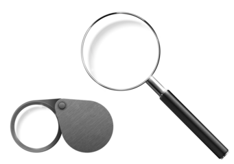 Realistic modern magnifying glass set. PNG Magnifier lens tool. Plastic Handle and Metallic Rim Isolated On transparent Background. Optical device for research, exploration. Instrument to magnify