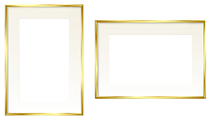Golden photo frame with white mount, transparent glass isolated PNG. Modern picture frame. Vertical and horizontal position. Vintage design element - obrazy, fototapety, plakaty