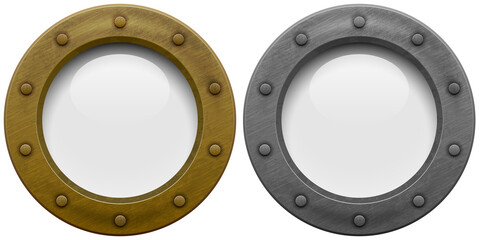 PNG Illustration of a bronze or brass and brushed metal ship porthole with glass isolated on transparent background. Rivets mount