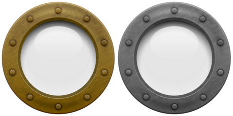 PNG Illustration of a bronze or brass and brushed metal ship porthole with glass isolated on transparent background. Rivets mount