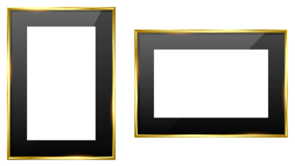 Golden photo frame with black mount, transparent glass isolated PNG. Modern picture frame. Vertical and horizontal position. Vintage photo frame design element. Golden picture frame with glass