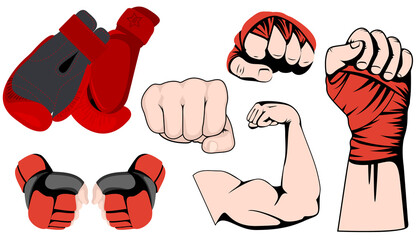 MMA or boxing red gloves hand design element set. Mixed martial arts collection. Fighting fist emblem isolated on transparent background. PNG athletic hands icon - 722908477