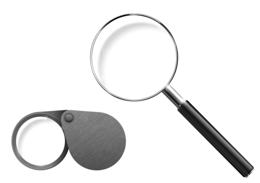 Realistic modern magnifying glass set. PNG Magnifier lens tool. Plastic Handle and Metallic Rim Isolated On transparent Background. Optical device for research, exploration. Instrument to magnify - Powered by Adobe
