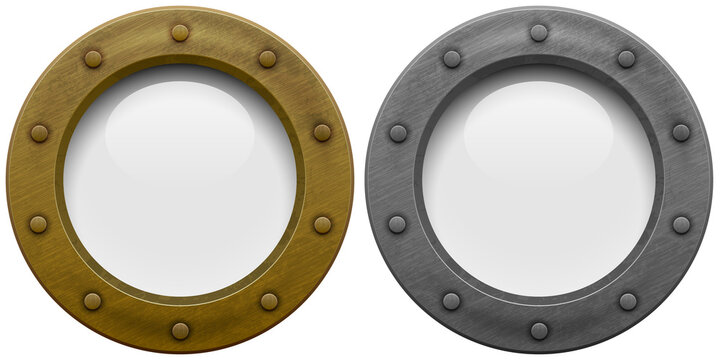 PNG Illustration of a bronze or brass and brushed metal ship porthole with glass isolated on transparent background. Rivets mount