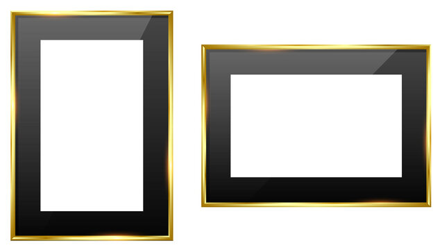 Golden photo frame with black mount, transparent glass isolated PNG. Modern picture frame. Vertical and horizontal position. Vintage photo frame design element. Golden picture frame with glass
