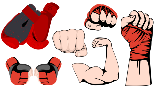 MMA or boxing red gloves hand design element set. Mixed martial arts collection. Fighting fist emblem isolated on transparent background. PNG athletic hands icon