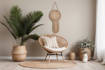 Stylish minimalistic interior of living room with design rattan armchair, palm leaf in basket, plaid, beige macrame on the wall