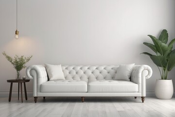 White Tufted Sofa Couch Mid Century Modern Living Room Blank Empty Wall Copy Space