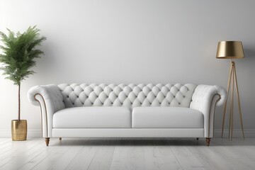 White Tufted Sofa Couch Mid Century Modern Living Room Blank Empty Wall Copy Space