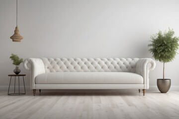 White Tufted Sofa Couch Mid Century Modern Living Room Blank Empty Wall Copy Space