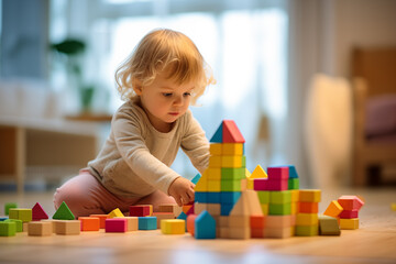 Child plays with cubes. Early development. Childhood. Kid and baby