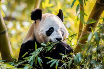A serene giant panda munching on bamboo leaves, set against a leafy green background.