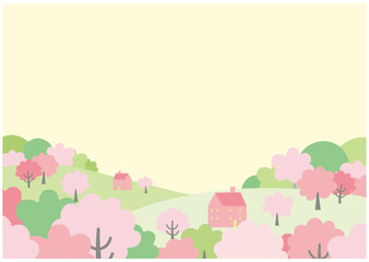 Fototapeta na wymiar 桜のある春の街並み風景イラスト