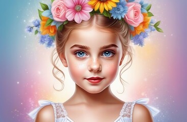 Fototapeta premium beautiful, lovely, little ballerina girl with freckles and flowers on her head.