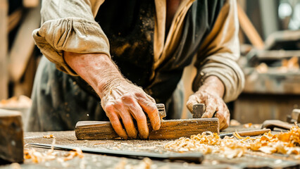 Craftsman working with wood and tools in a dusty workshop, focused on a woodworking project.