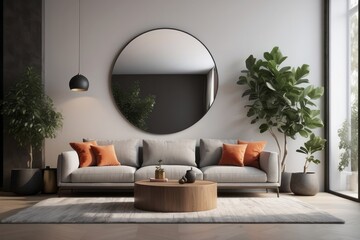 Living room nterior with sofa, mirror and ficus - obrazy, fototapety, plakaty