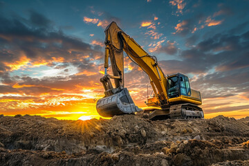 Close up of working excavator. Construction concept of work and machine. - obrazy, fototapety, plakaty