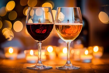 Two glasses on a table, one with red wine and one with beer, surrounded by warm candlelight for a festive or romantic occasion.
