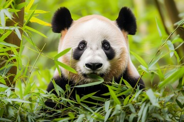 Close-up of an adorable giant panda amidst green bamboo leaves in its natural habitat, looking...