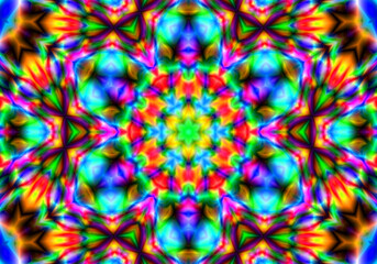 Infinite, intricate patterns of light creating a mesmerizing kaleidoscope of color and form. Colorful Shiny and Hypnotic Kaleidoscope. Abstract decorative vintage texture.