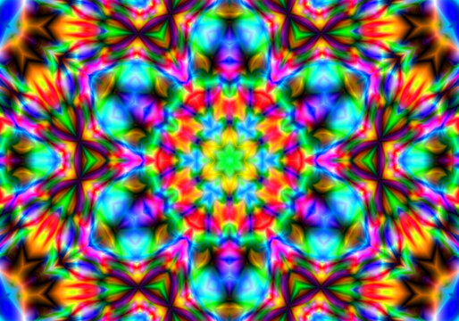 Infinite, intricate patterns of light creating a mesmerizing kaleidoscope of color and form. Colorful Shiny and Hypnotic Kaleidoscope. Abstract decorative vintage texture.