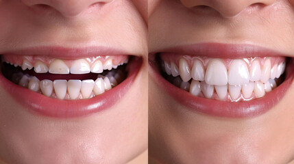 Fototapeta premium Perfect smile before and after bleaching procedure whitening of zircon arch ceramic prothesis Implants crowns. Dental restoration treatment clinic patient. Result of oral surgery dentistry,