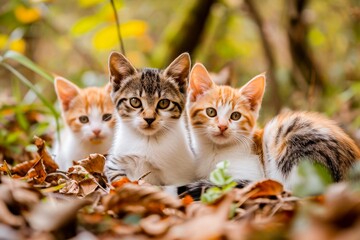 Naklejka na ściany i meble Three adorable kittens sitting among the autumn leaves, looking curiously into the camera.