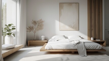 A minimalist bedroom with a platform bed, crisp white linens, and abstract art on the walls.