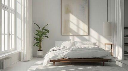 A minimalist bedroom with a platform bed, crisp white linens, and abstract art on the walls.