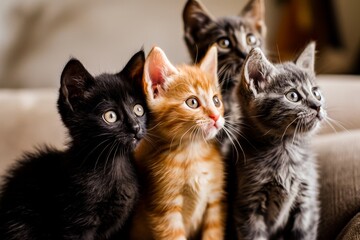 Four adorable kittens with different fur colors sitting together and looking attentively to the side.
