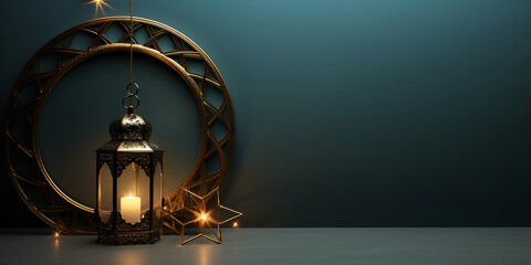 Ornamental Arabic lantern with candle glowing on dark background Muslim holy month Ramadan Kareem