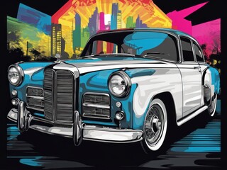 Vintage Car Illustration with Vibrant Cityscape Background