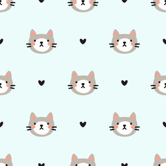 Seamless pattern with cute cat heads and black hearts