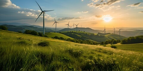 Obraz premium Renewable energy concept with wind turbines at sunset. ecological power generation. sustainable development. green hills landscape. AI