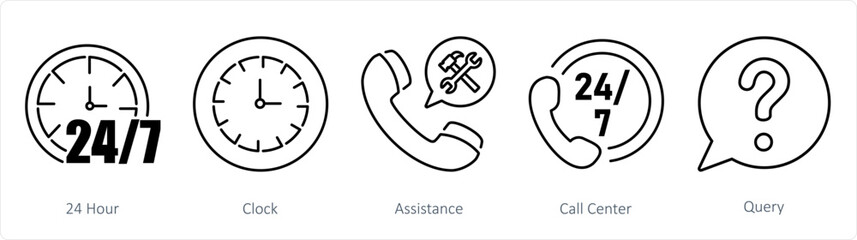 A set of 5 Contact icons as 24 hour, clock, assistance
