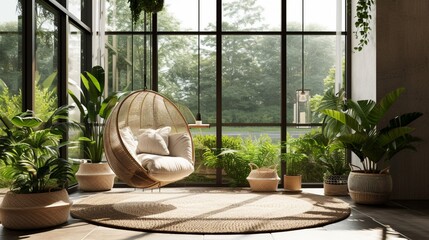 A sunroom with floor-to-ceiling windows, a hanging swing chair, and potted plants for a botanical atmosphere.